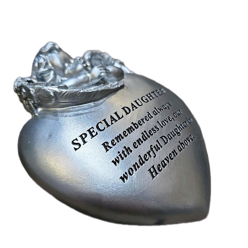 Silver Memorial Heart Stone with Winged Cherub