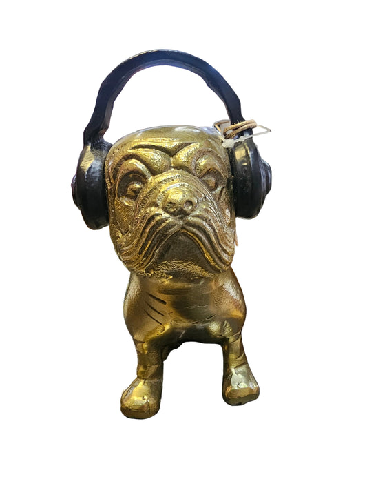 Gold Bulldog Statue with Headphones
