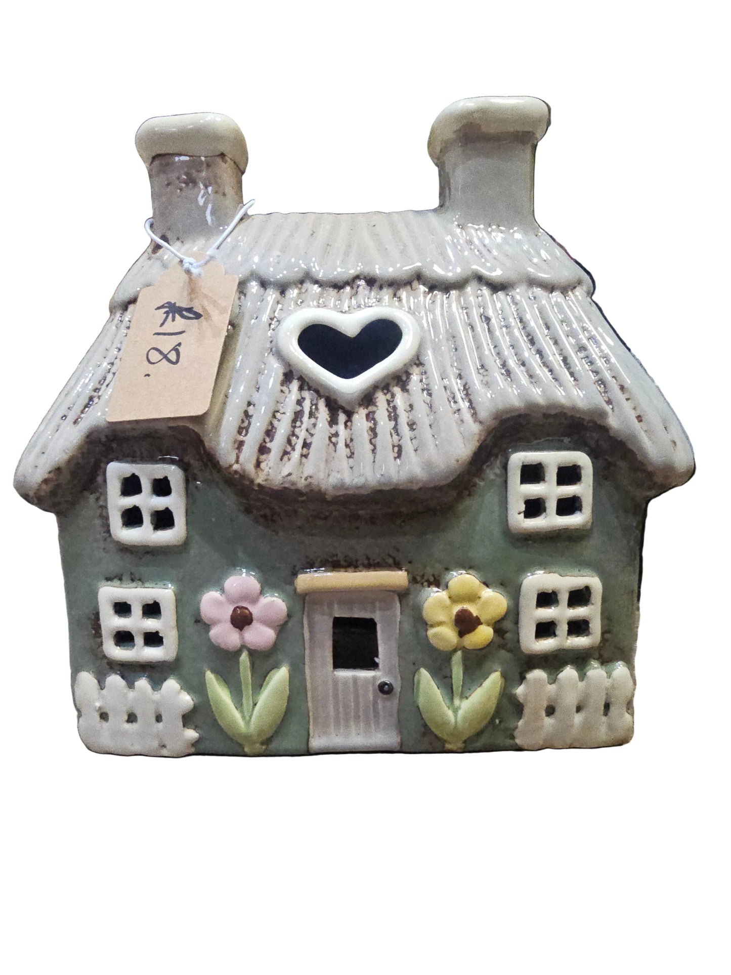 Stoneware Green Thatched Cottage with Embossed Flowers Tea Light Holder