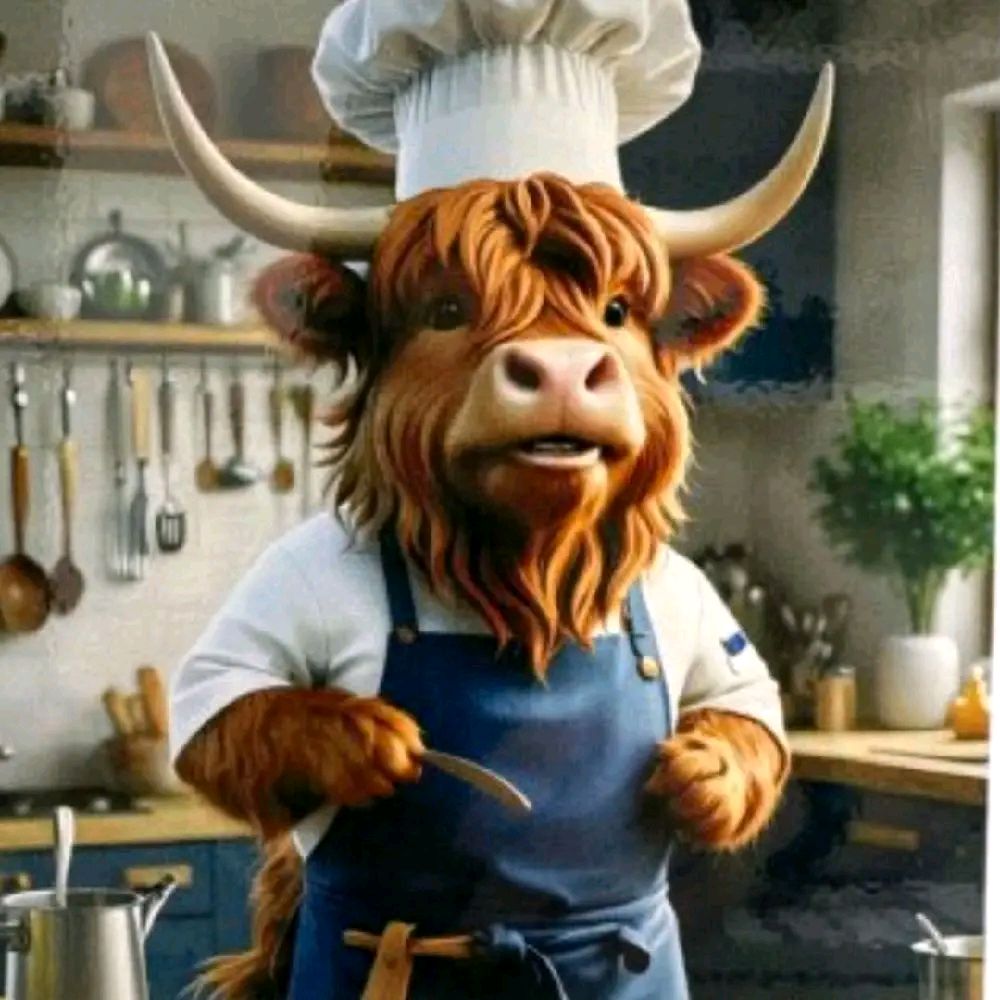 Highland Cow In Kitchen Metal Sign