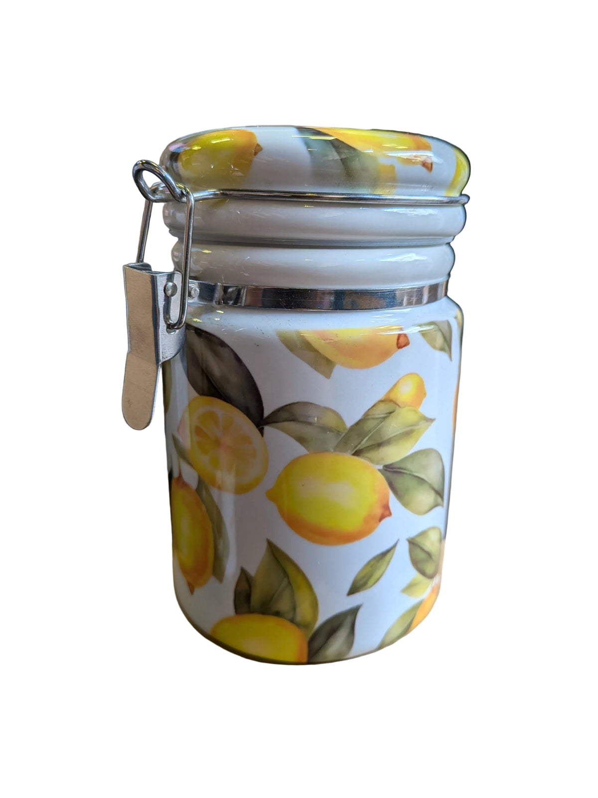 Ceramic kitchen storage canister with a lemon pattern and a wire-clamp airtight lid