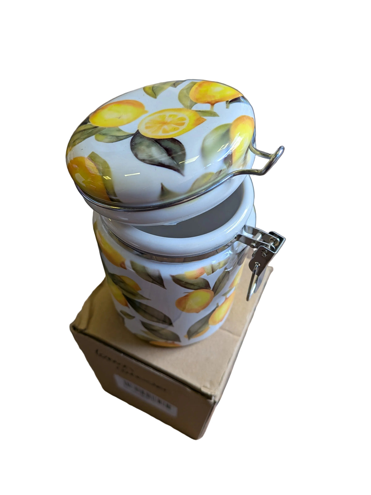 Ceramic kitchen storage canister with a lemon pattern and a wire-clamp airtight lid