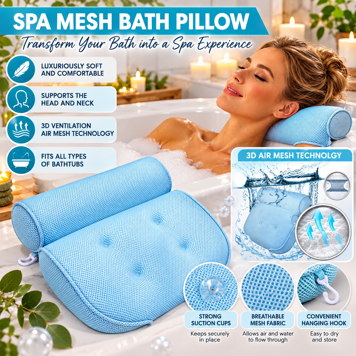 Spa Mesh Bath Pillow - Blue