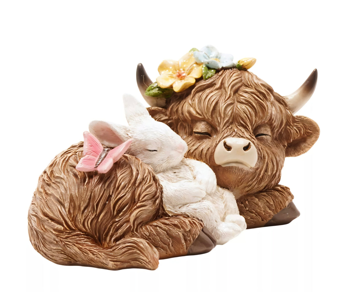 Country Living Sleeping Highland Cow With Spring Bunny