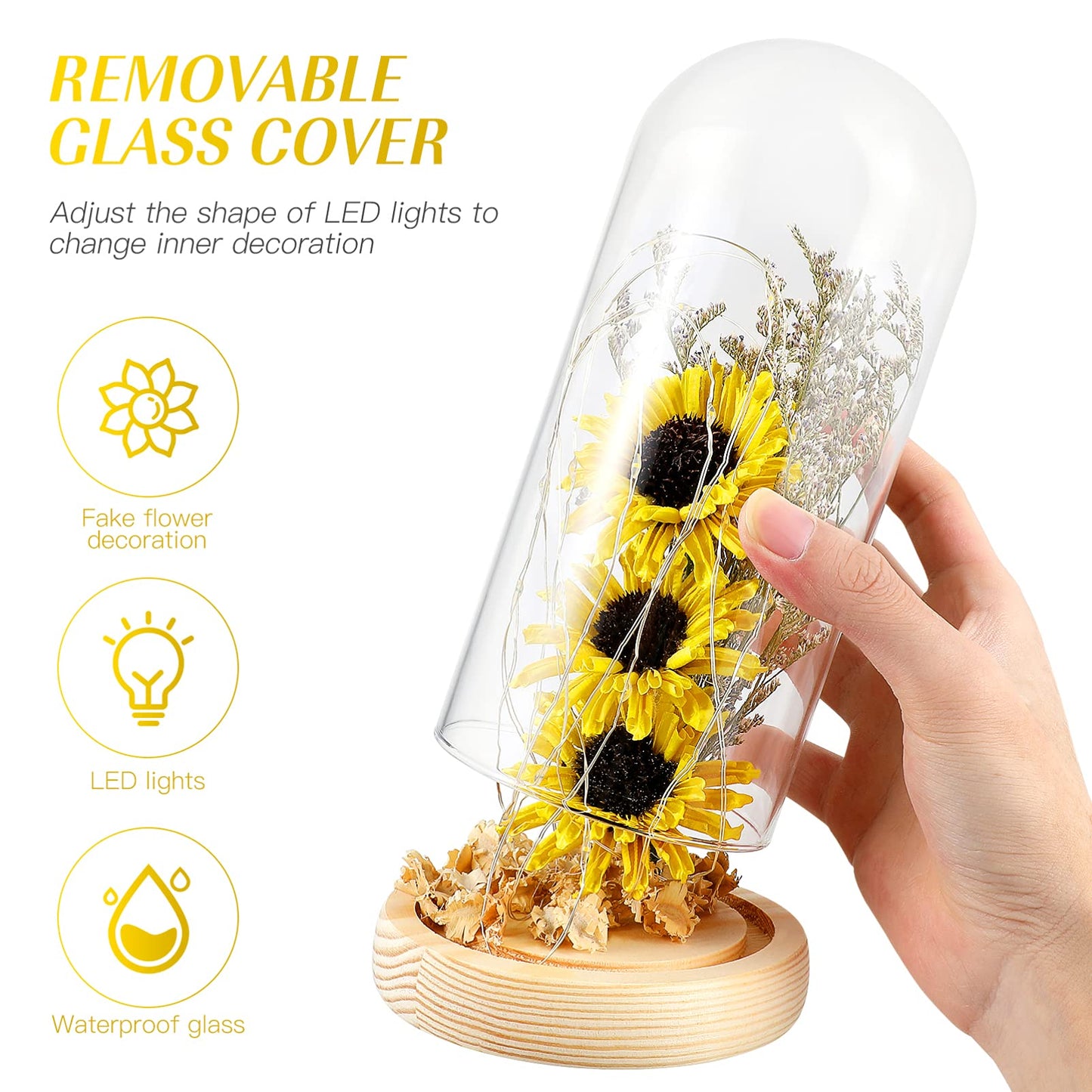 Artificial Sunflower in Glass Dome with LED Fairy Lights Decorative Gift  Birthday - Yellow Medium