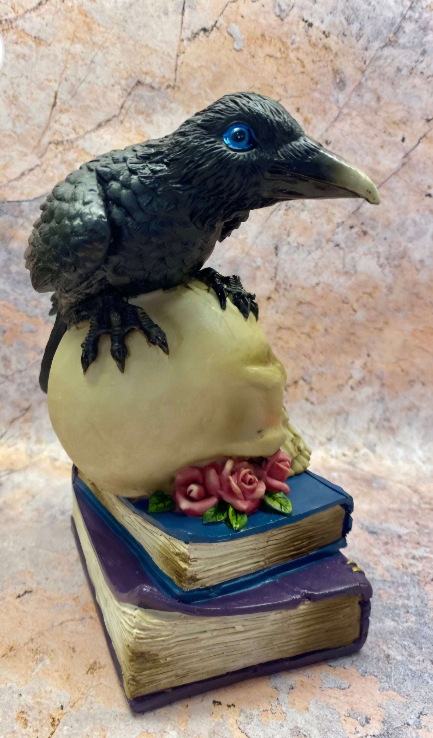 Mystical Raven on LED Skull with Witchcraft Books |