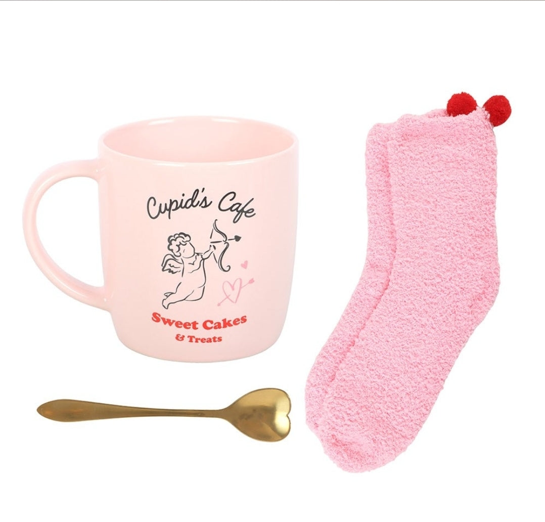Cupid's Cafe Mug, Spoon and Socks Set