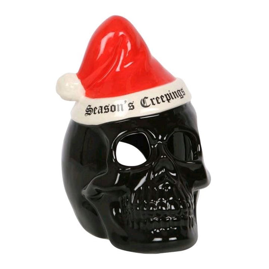 Seasons Creepings Skull Tealight Holder - Gothic Christmas Decor with 'Season's Creepings' Santa Hat Ornament