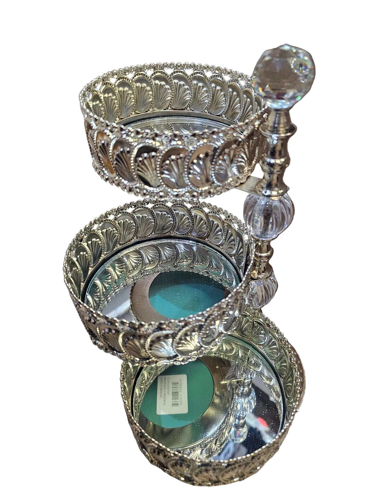 Silver-plated tiered metal cake or candy stand with a mirror top and shell detailing