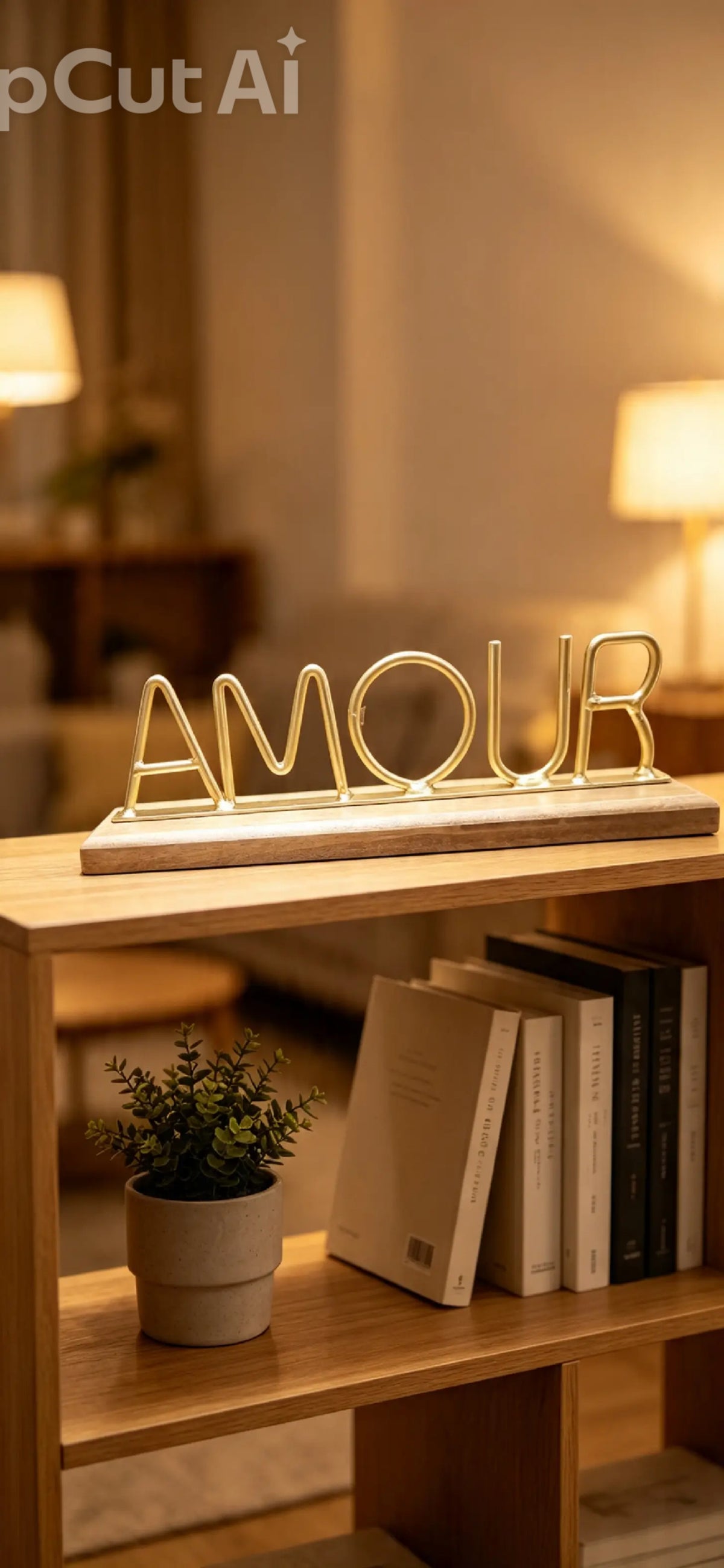 Amour tabletop decor sign with an antique brass finish on a wooden base