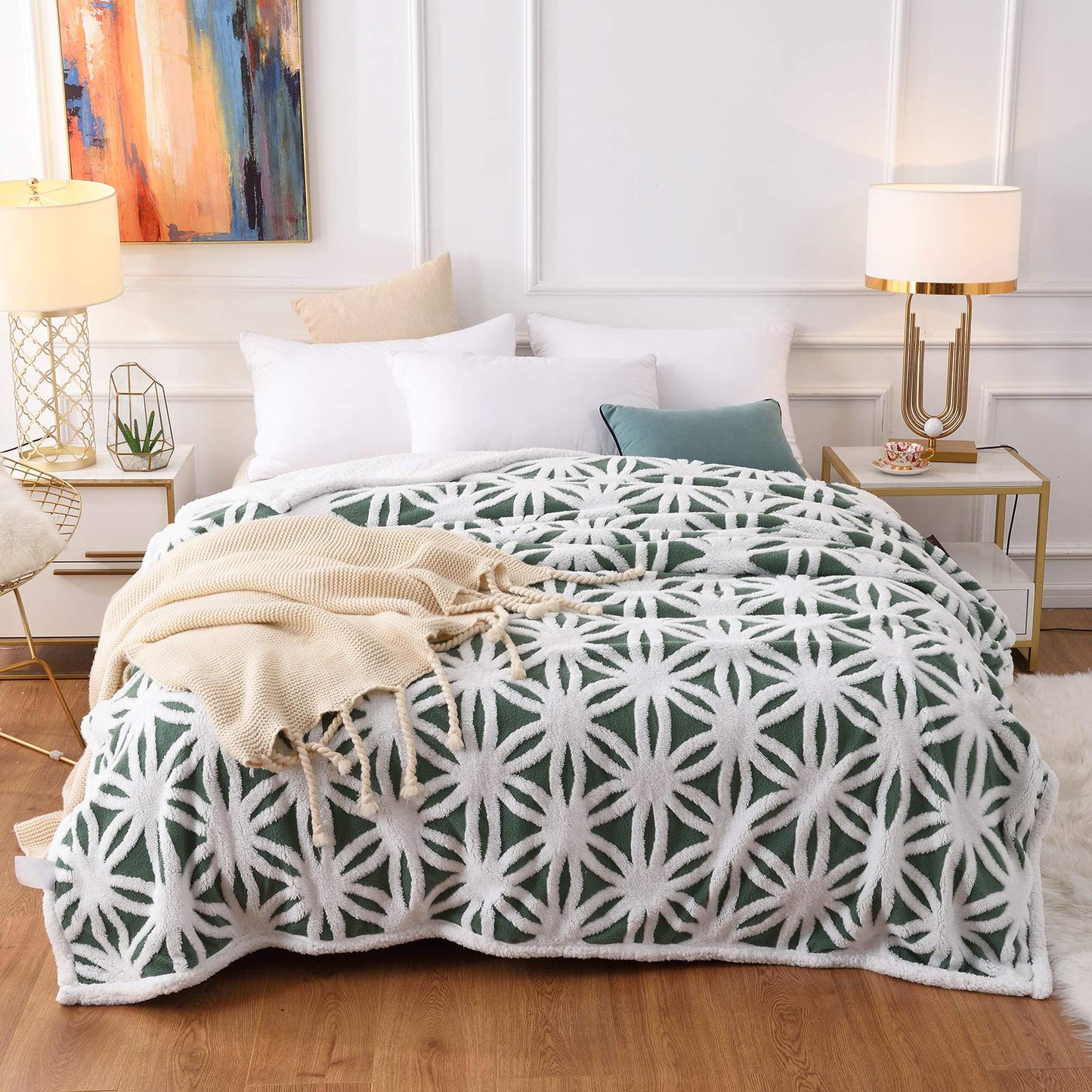 Sherpa Fleece Blanket Fluffy Soft Dual Sided Throw for Sofa Bed Travel Camping - Olive-green 160x200cm