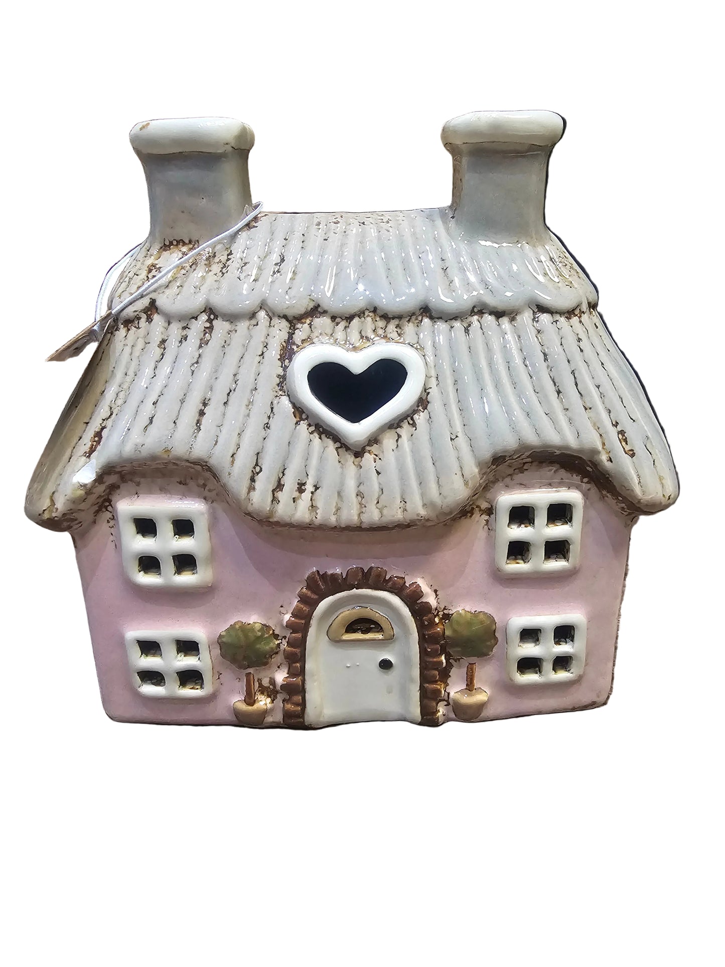 Cottage Tealight Holder Pink Embossed Stoneware with Trees