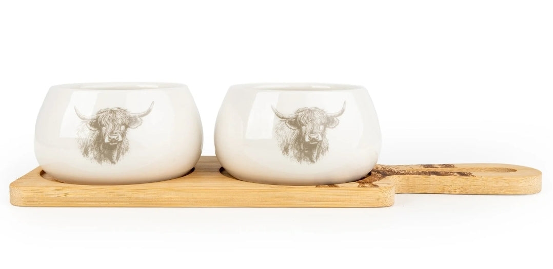 Set of 2 Bowls on Bamboo Tray - Highland Cow 2pk