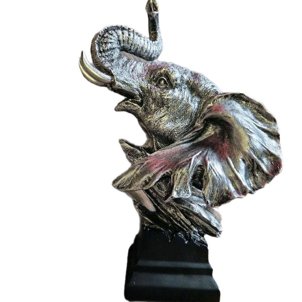 Elephant Head Figurine on Black Stand Pewter Colour Decorative Piece Ornaments