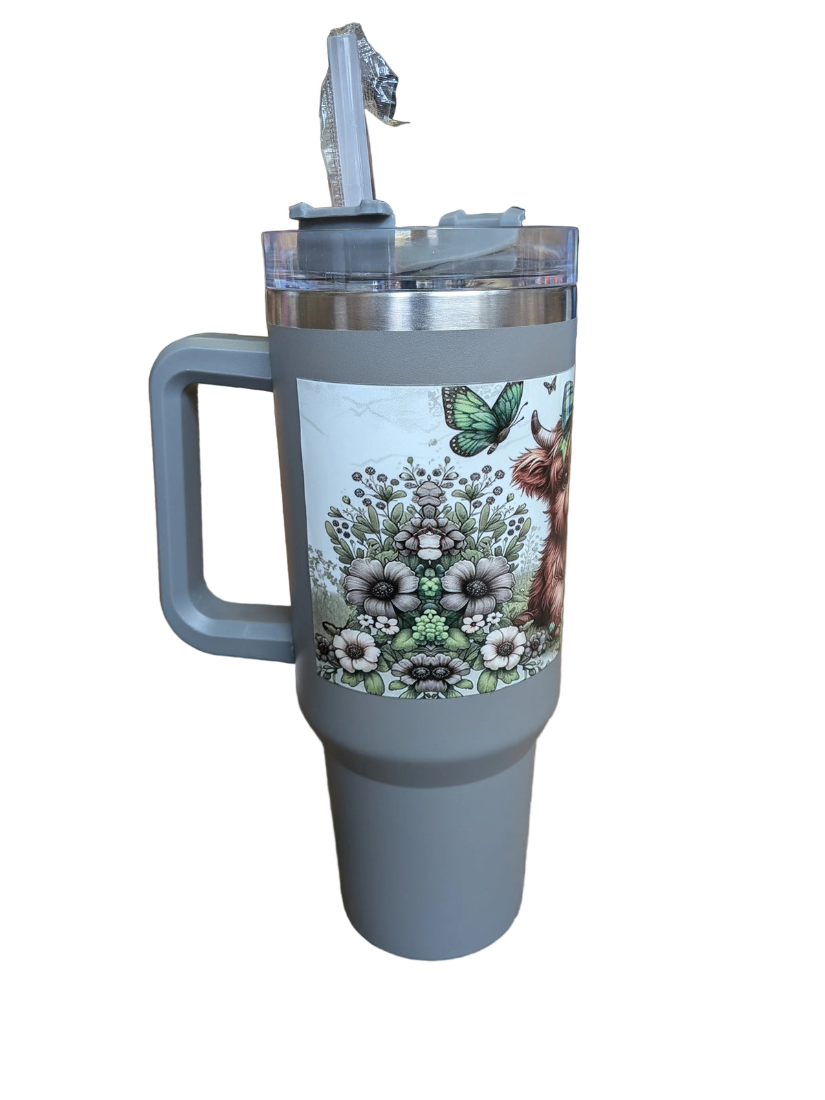 40oz Grey Insulated Tumbler with Highland Cow Design