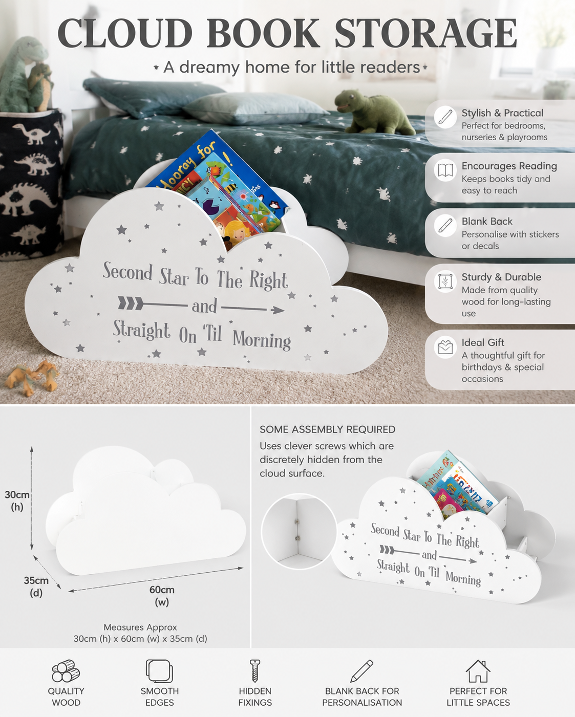 White Wooden Cloud Shaped Children's Bookshelf