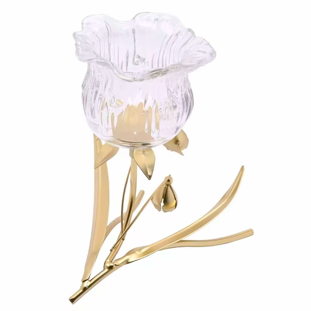 Single Stem Clear Glass Flower Candle Holder With gold stem