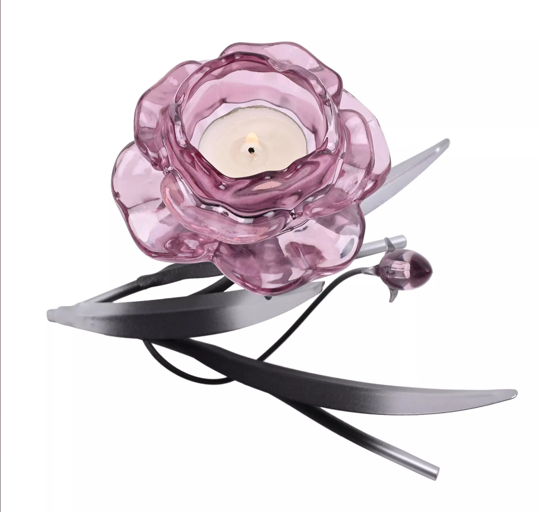Hestia Pink Glass Rose Single Candle Holder With 2 Tone Black And Silver Base