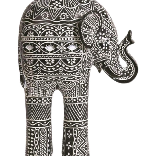 Carved Black & White Elephant Figurine 26cm - Intricate Design Ornament Decorative Standing