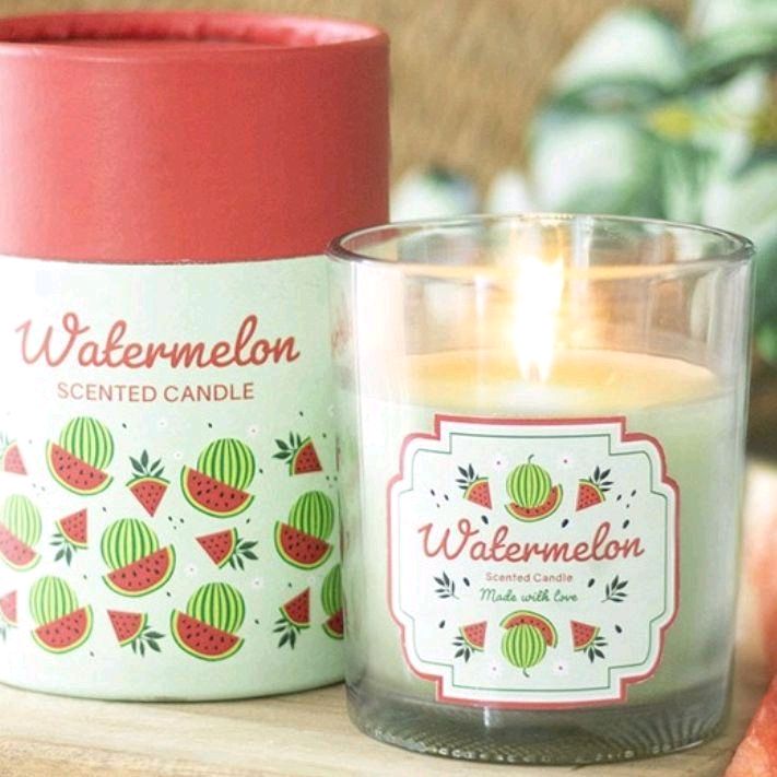 Watermelon Scented Candle in Red and Green Cylinder Packaging with Watermelon Design Aroma