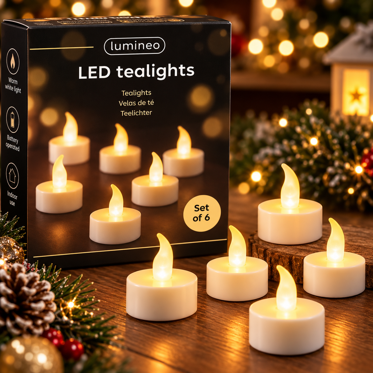 Set of 6 Indoor LED Fire Flame Tealight, 3.8cm