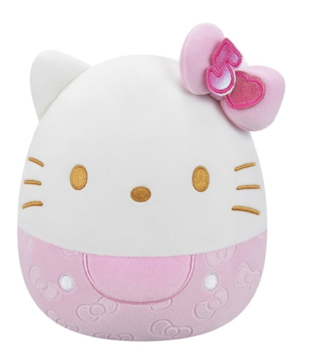 This Squishmallows Hello Kitty 50th Anniversary plush features a distinctive pink embossed design and metallic gold facial details.