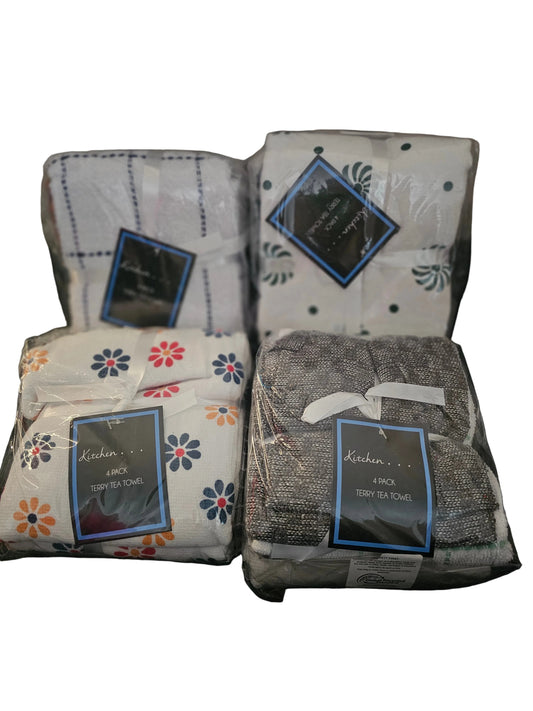 4-pack of terry tea towels in grey features a highly absorbent textured weave