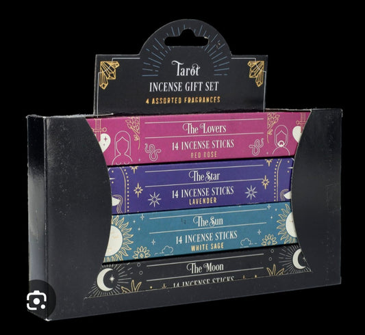This is a Tarot Card Incense Stick Gift Set featuring four different tarot-themed scents.