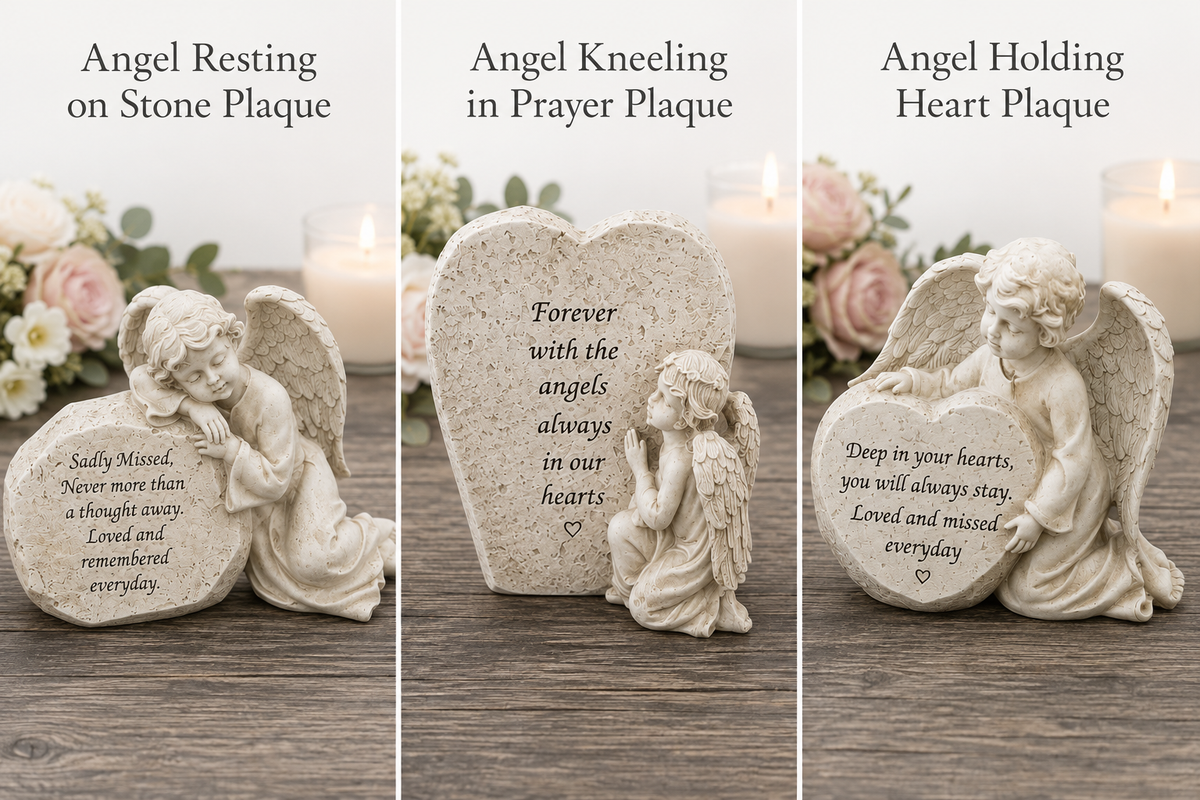 Graveside plaques with angel and verse, 3 designs