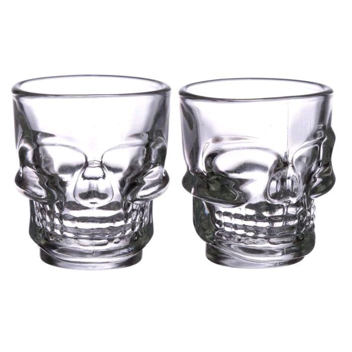 Set of 2 Glass Skull Shot Glasses with Roses (60ml) - Drinkware